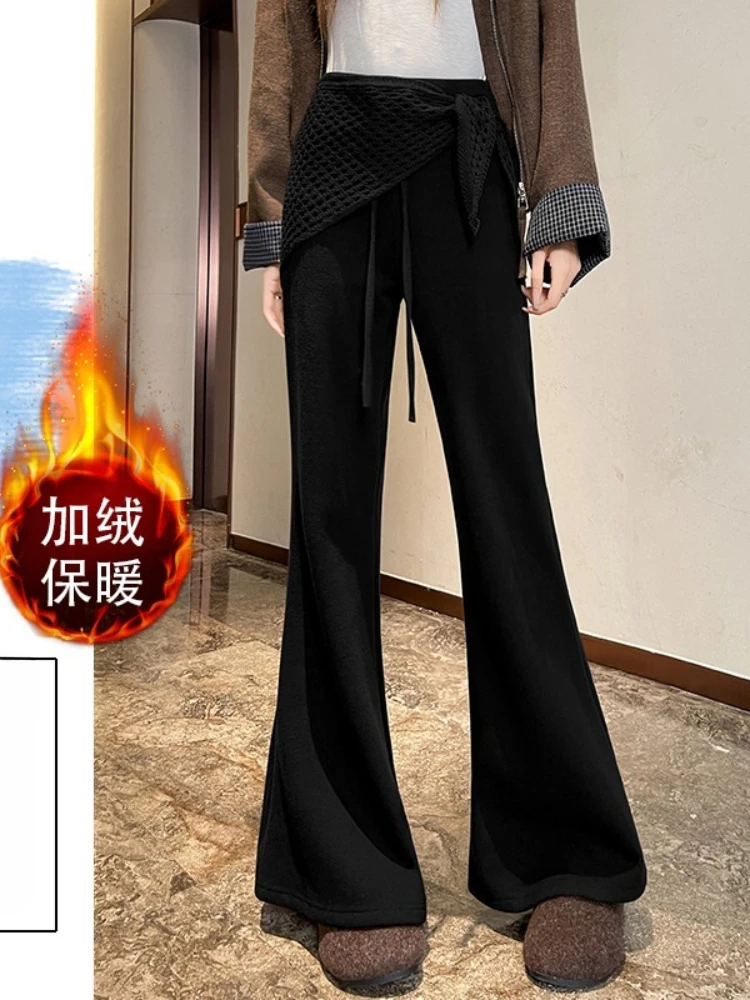 

Fake two piece fart curtain layered bell bottom pants women in winter with plush high waisted casual micro bell bottoms