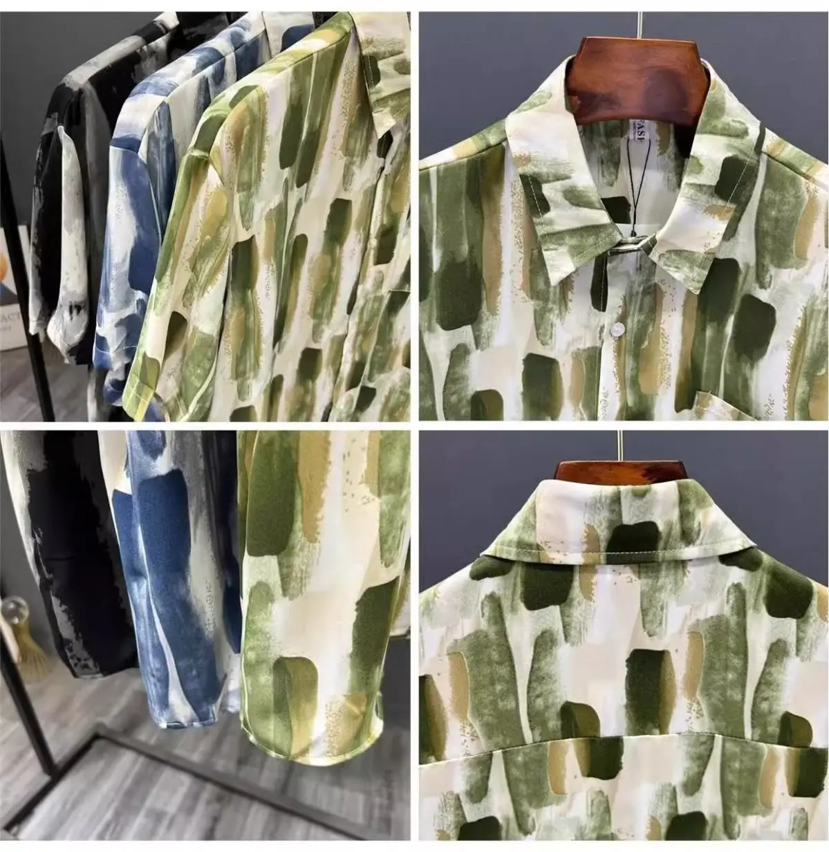 Korean Style Handsome Geometric Personality Printed Fashionable Lapel Casual Loose Couple Breathable Shirt Men Wear Outside