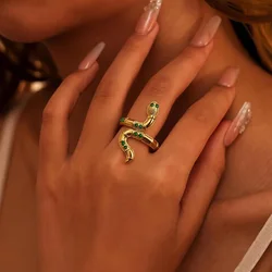 Zircon Green Snake Rings For Women Stainless Steel Gold Color Geometric Snake Ring Wedding Engagement Christmas Jewelry Gift
