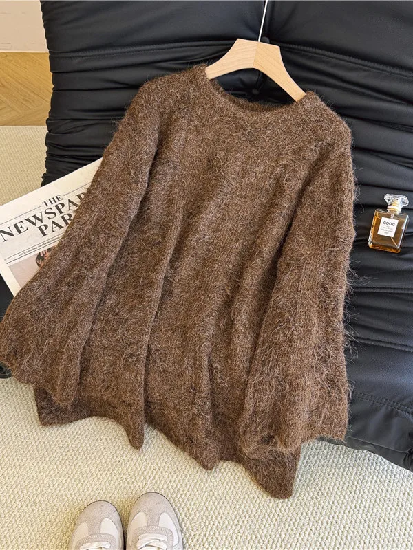 

Женский круглый вязаный свитер большого размера Ne, удобный мягкий винтажный свитер средней длины, длинный свек, повседневный цветной топ