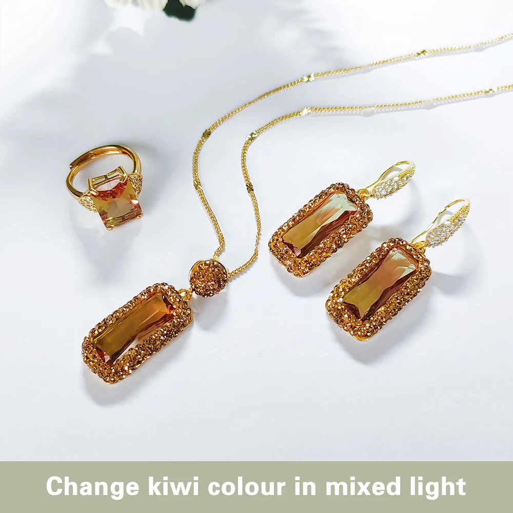 Color-changing suldanite Rectangular jewelry set adjustable ring necklace earrings three sets different lights change colors