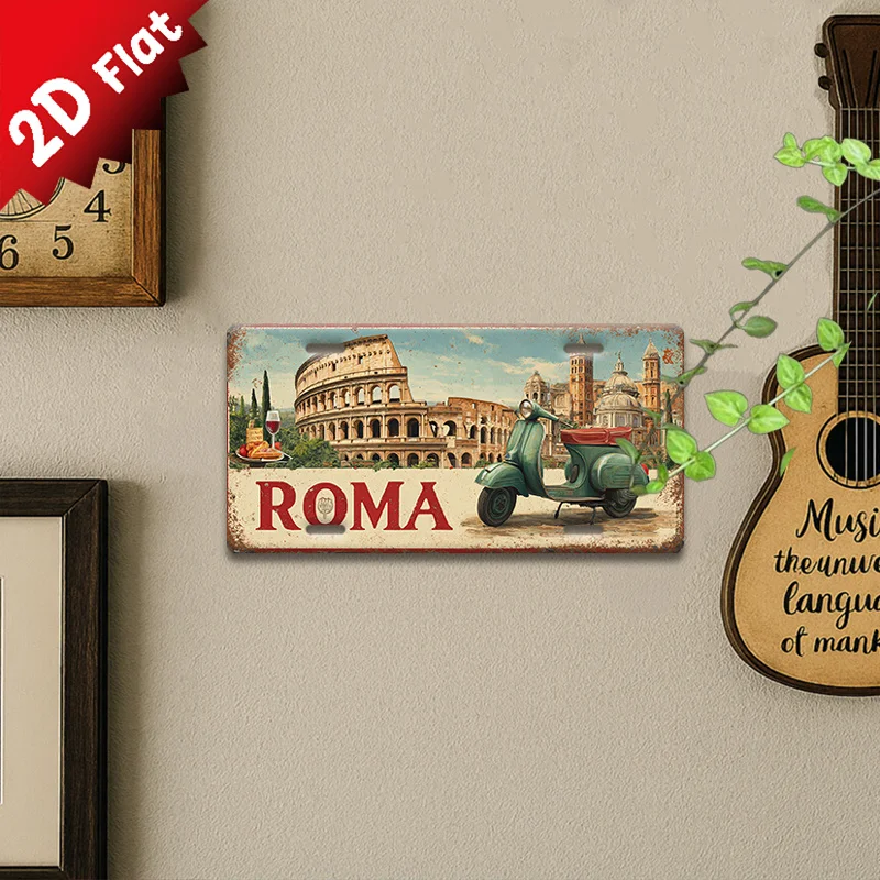 2D Flat -Vintage Metal Sign, - Decoration of Rome, Italy with Scooter, Roman Architecture (Colosseum, Pantheon) - Aluminum Wall