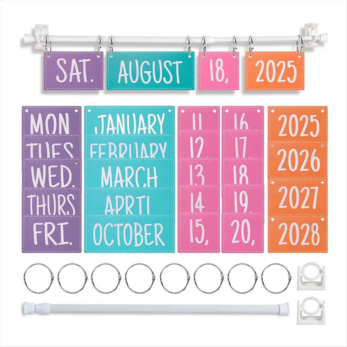 AT16 Rainbow Flip Calendar Bulletin Board Set with Holder, Adjustable Calendar Holder Includes 54 Date Cards