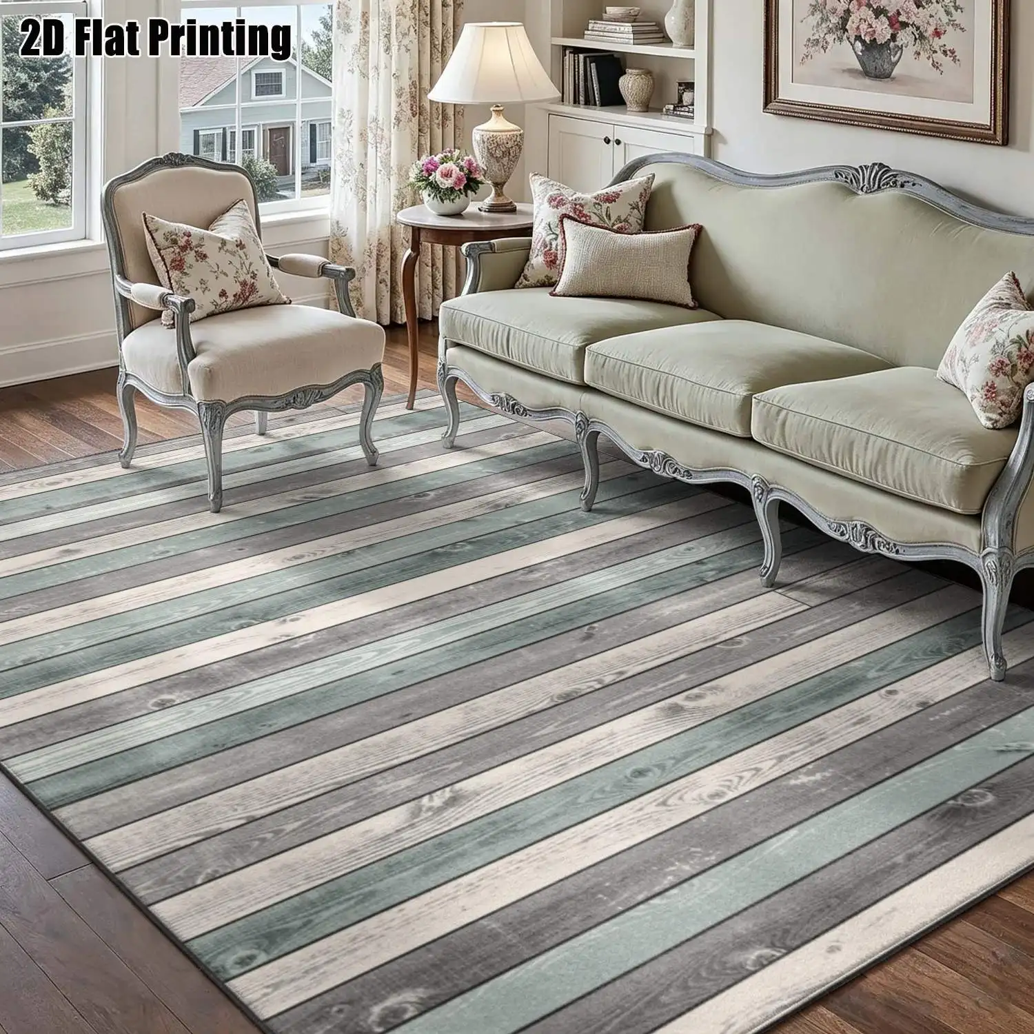 1Pc 2D Printed Blue-Grey Striped Nordic Vintage Geometric Carpet, Simple Fresh Floor Mat, Home Decor, Multi-Size, Machine Washable, Suitable for Entrance, Dining Room, Foyer, Living Room, Bedroom