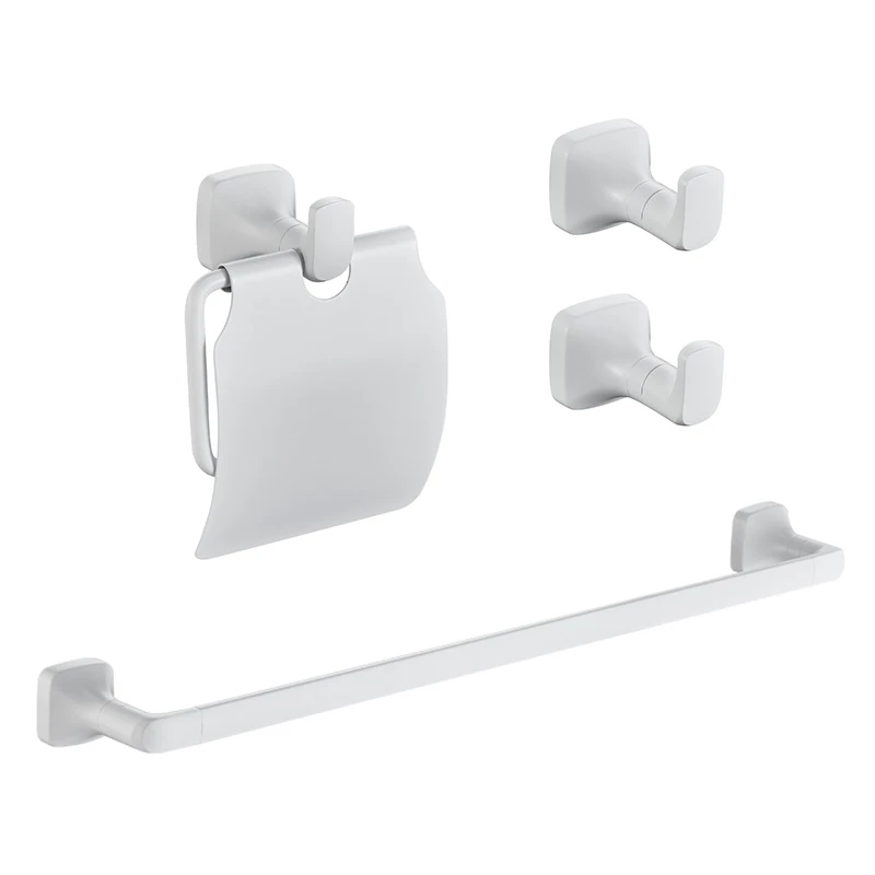 White Bathroom Stainless Steel 304 Wall Mounted Single Towel Bar Paper Holder With Cover 2 Piece Robe Hook