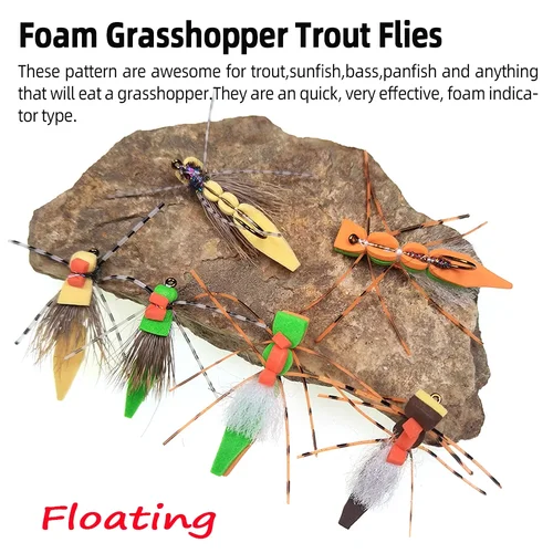 Imagen 2 del producto Vampfly 4 piezas/5 piezas # 8 espuma saltamontes trucha moscas pelo de ciervo patas de goma tolva flotante mosca seca trucha lubina Sunfish Señuelos de pesca