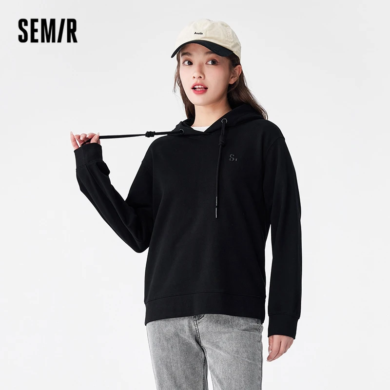 Semir Women Sweater Autumn New Hooded Basic Embroidery Inner Wear Simple Casual Drop Shoulder Pullover Temperament Sweater