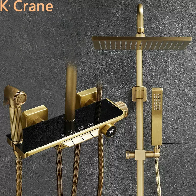 

LED Digital Antique Brush Gold Shower Faucet Bathroom Hot Cold Thermostatic Mixer Shower System Square Head SPA Rainfall Faucets