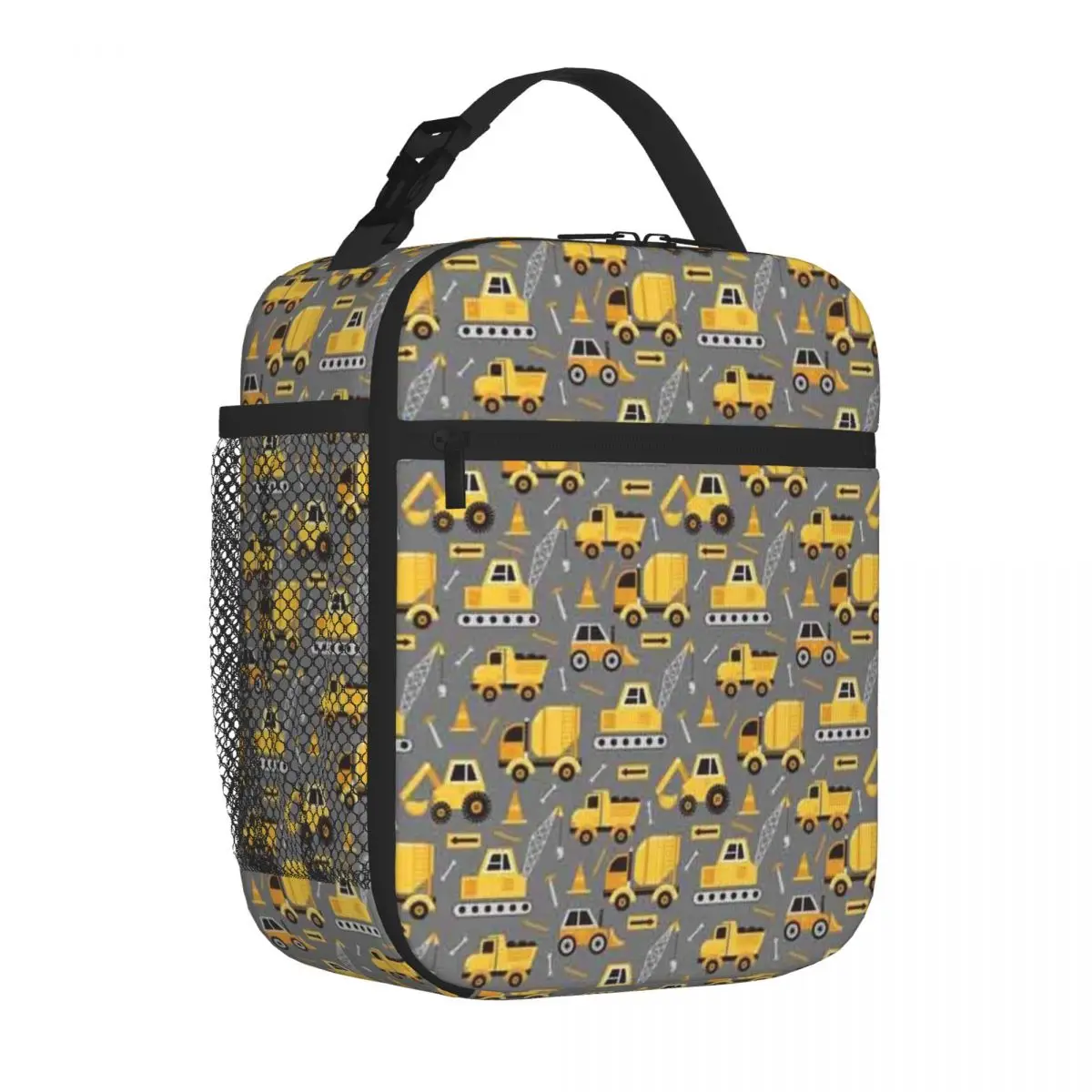 Bestselling Construction Trucks On Gray Insulated Inner Insulated Lunch Pouch After School Snack Lunch Handbag