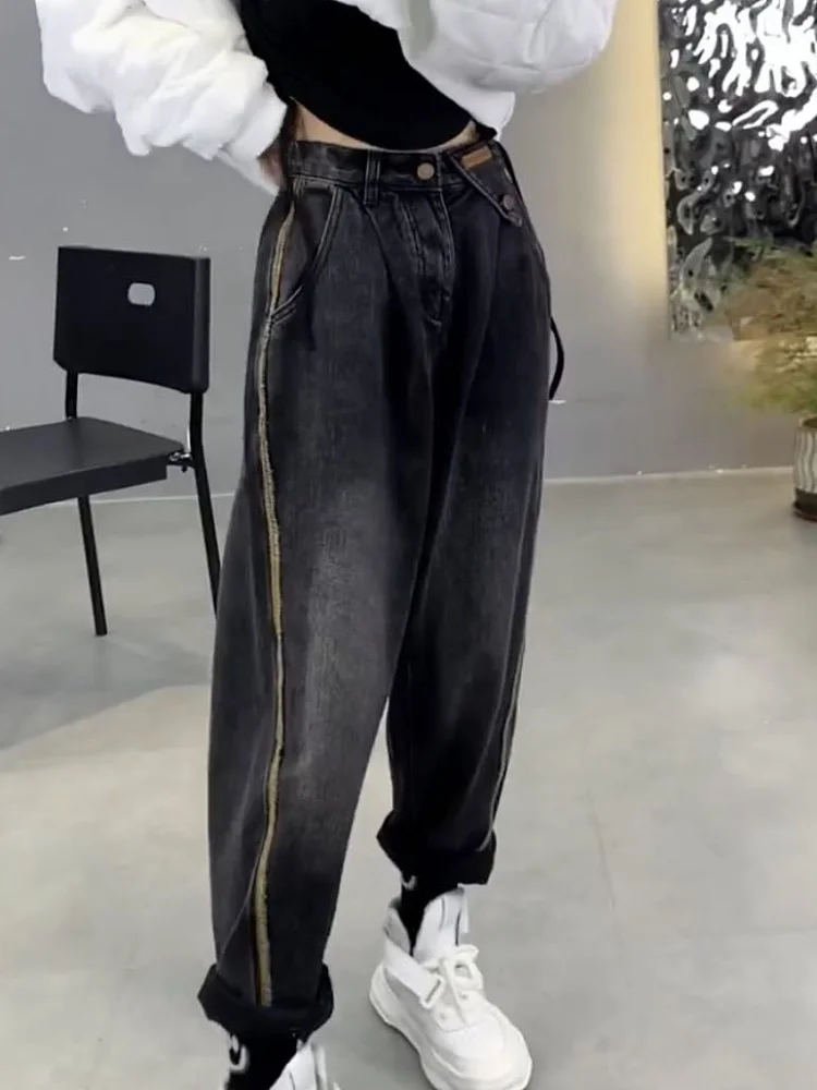 

2023 Women's High Waist PantsKorean Contrast Color Loose Slimming JeansWide LegPlus Size Autumn and Winter