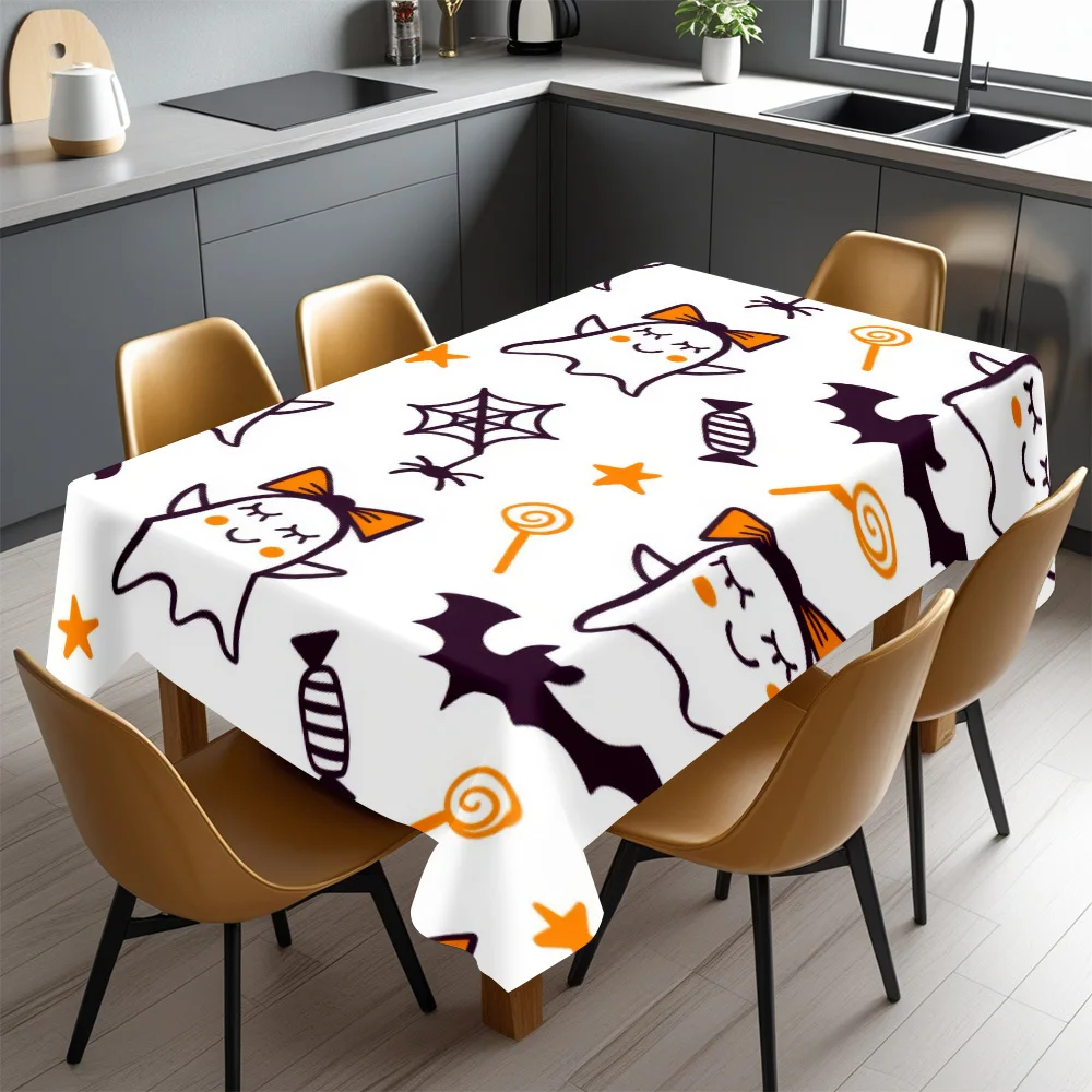 Halloween Rectangle Table Cloth Base Bow Ghost Bat Candy Table Cover Cute Tablecloth for Halloween Home Dining Table Party Decor