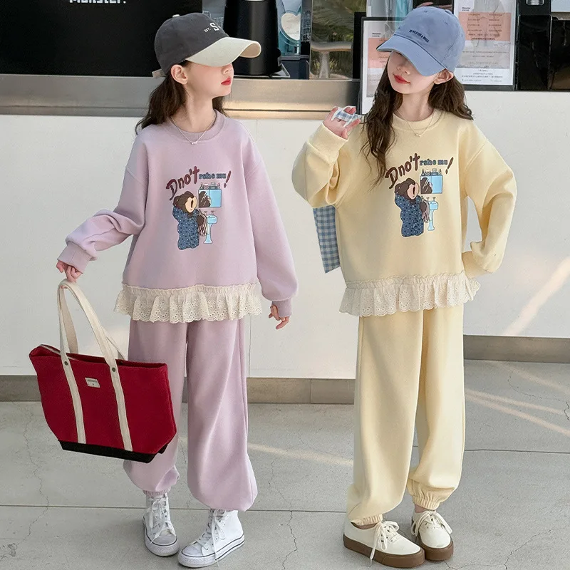 

Autumn Kids Baby Girls Two-piece Sets Cartoon Printed Patchwork Sweatshirt+Elastic Waist Sport Pant Children Girls Casual Sets