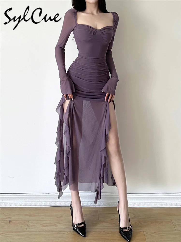 Sylcue Winter Party Queen Purple Mature Sexy Beautiful Confident Elegant Graceful Women'S Translucent Thin Straight Dress