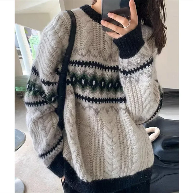 

Women Sweaters Print Vintage Long Sleeve Spliced Pullovers Jumpers Round Neck Straight Patchwork Knit Casual Autumn 2024