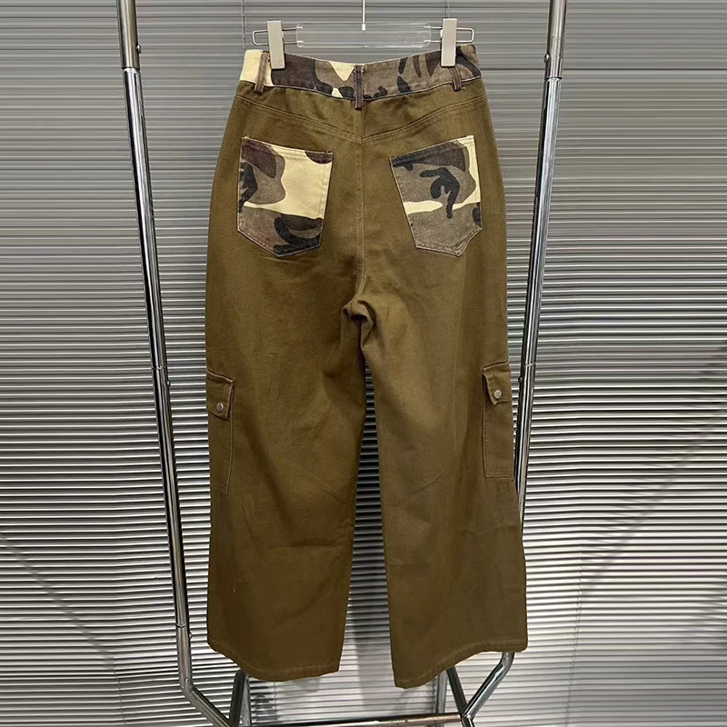 KBQ 히트 컬러 카모플라주 루즈 캐주얼 바지 여성용 하이웨이스트 스플라이스 포켓 카고 팬츠 여성 패션 가을 스타일 신상
