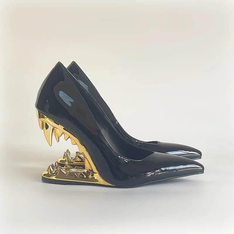 Women's New Fashion Black Pointed Toe Slip On Pumps Unique Gold Tooth High Heel Plus Size Shoes