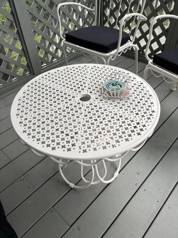 &Modern Outdoor French Style Round Metal Bistro Table With Scalloped Edge Detail Perforated Mesh Top for Garden Patio Cafe