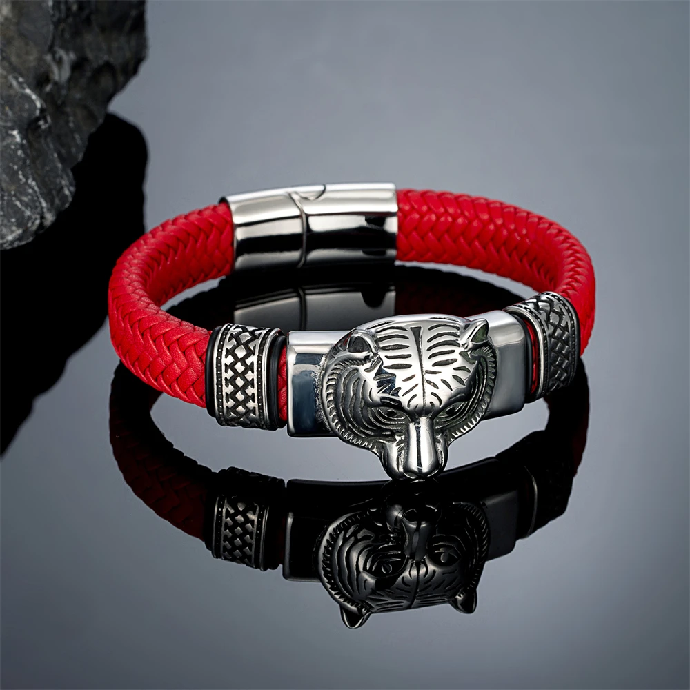 Vintage Vikings Bear Head Leather Bracelets for Men Handmade Stainless Stee Norse Amulet Bangles Punk Male Warrior Jewelry Gift view 2