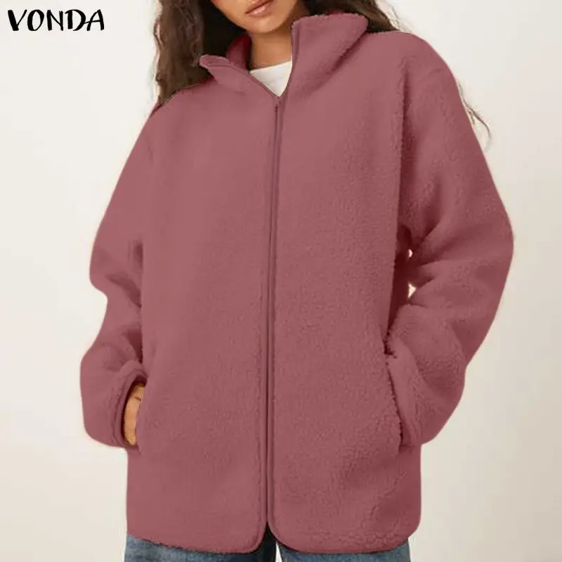 VONDA Mantel Bulu Wanita Ukuran Plus 2025 Musim Dingin Lengan Panjang Kerah Tegak Resleting Jaket Kasual Polos Streetwear Mantel Luar Hangat