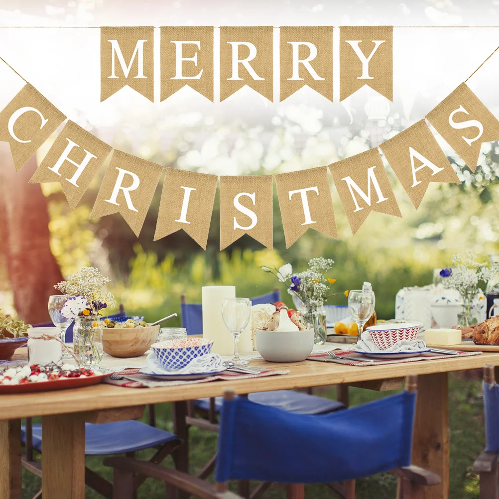 

Christmas Decoration Flag Linen Burlap Bunting Merry Christmas Letter Pull Flag For Party Indoor Outdoor Use Holiday