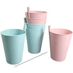 6 Pack Built-in Straw Tumbler Plastic Sippy Drinking Cup for Children and Adults, Dishwasher Safe, with 2 Free Straw Brush