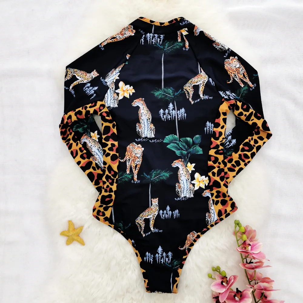 Traje de baño de una pieza para mujer, traje de baño deportivo Sexy de manga larga con estampado de leopardo, traje de baño para surfear, Monokini de playa, traje de baño femenino