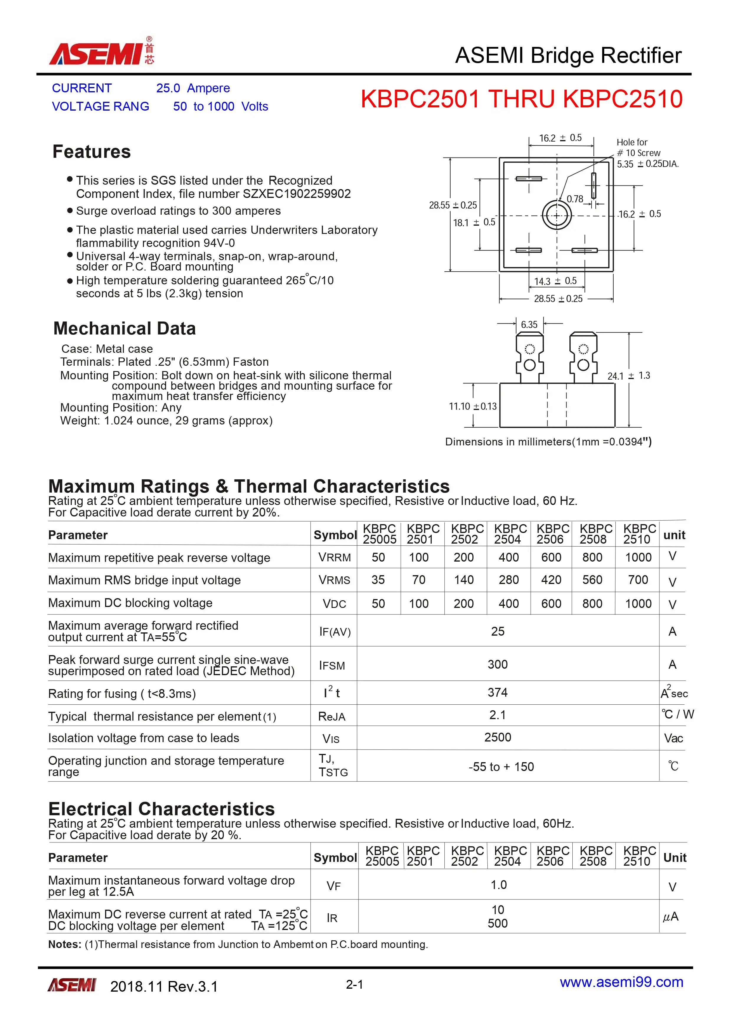 2PCS KBPC2506 140mil Square Bridge Rectifier 25A 600V Single-Phase Brand New ASEMI for Electronics Market