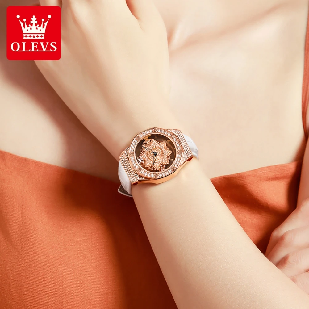 OLEVS Women‘s Watches Light Luxury Fashion Rotating Dial Original Quartz Wristwatch for Girl Full Sky Star Diamond Waterproof