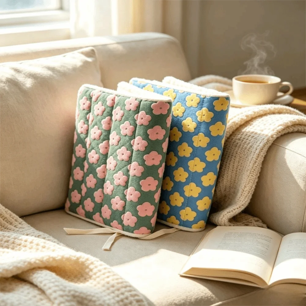 Korean Style Floral Design Fabric Book Cover Reusable Quilted Fabric Book Sleeve Striped Lightweight Fabric Book Jacket Spring