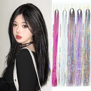 93cm scintillant cheveux guirlandes arc-en-ciel brins colorés filles chapeaux Hairbinge cheveux Laser faux Extensions de cheveux décor bandes de paillettes