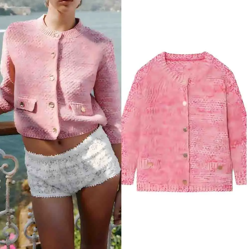 

Women's 2025 new fashionable flip cover decoration short striped knitted Coat retro long sleeved Button-up women's Coat chic top