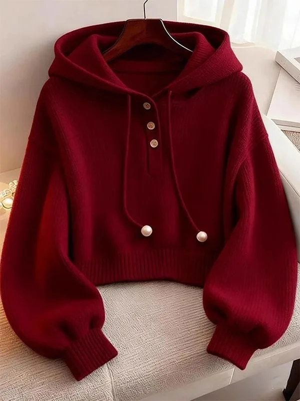 

Red Long Sve Hoodie Women's Autumn Winter Loose Slim Knitted Sweater ort Base irt Sli Top Comfortable Soft Polyester