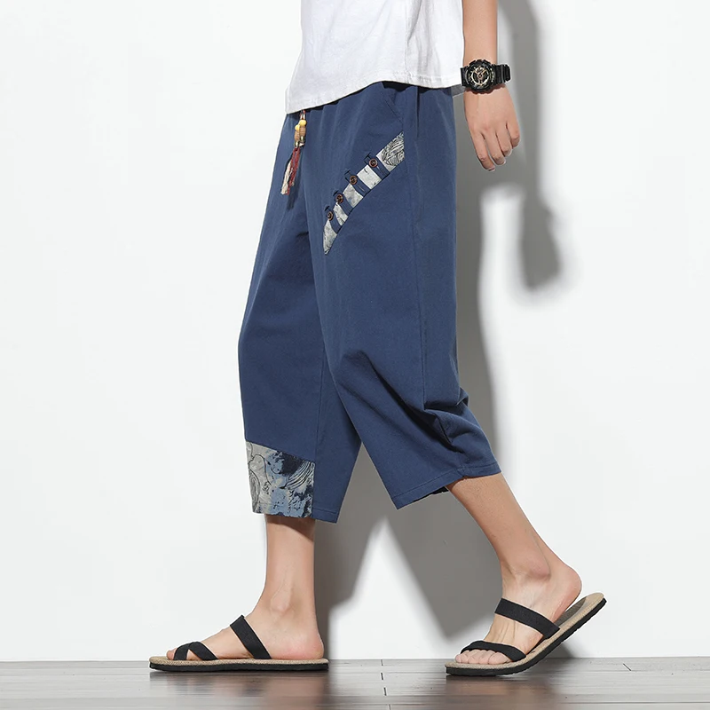 

Мужские летние брюки-капри из хлопка и льна свободного кроя, широкие, прямые, в стиле Harajuku, повседневные, больших размеров, удобные