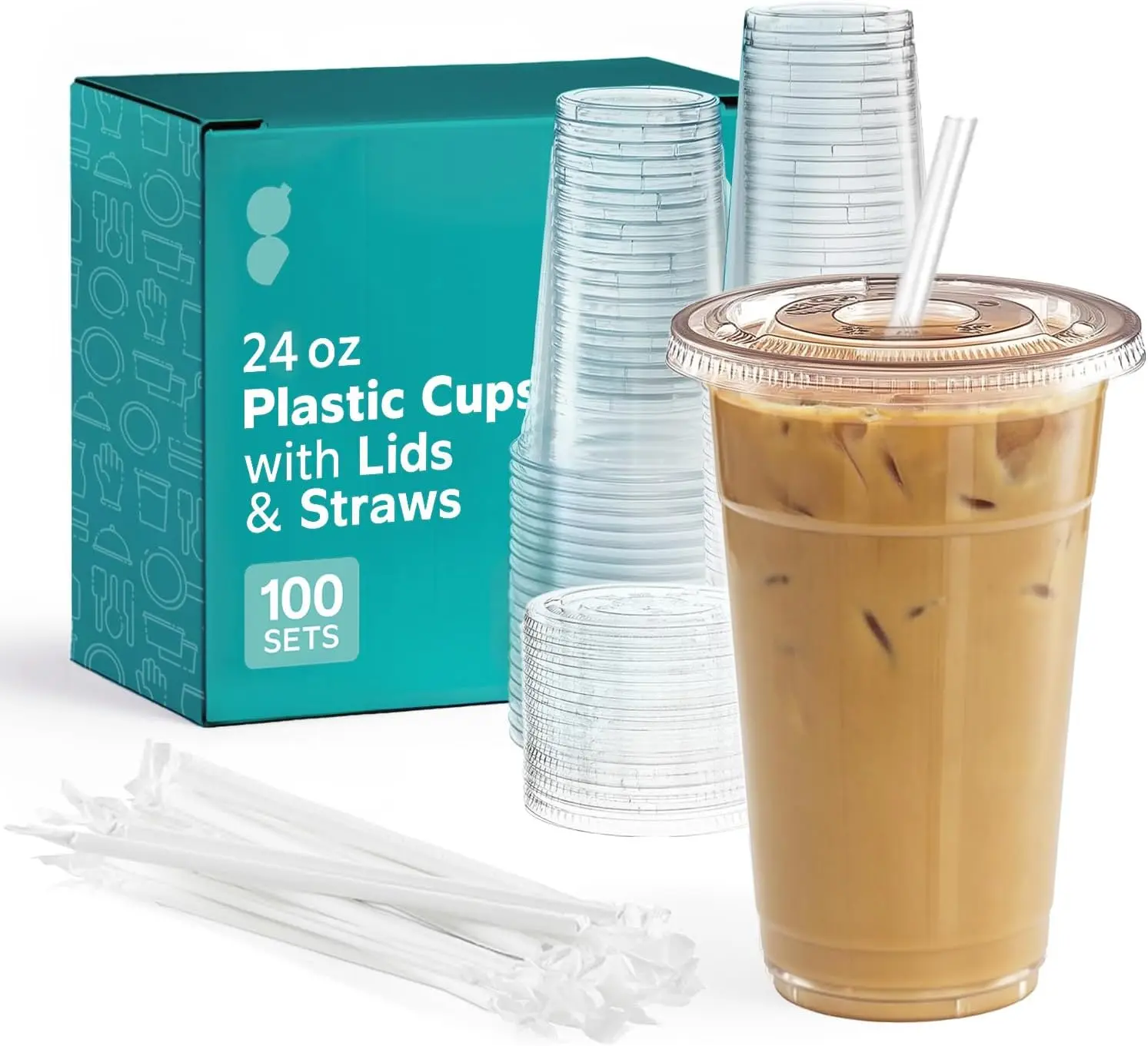 

[24 oz - 100 Sets Clear Plastic Cups with Lids and Straws – Disposable Iced Coffee Cups for Cold Drinks, Smoothies, and
