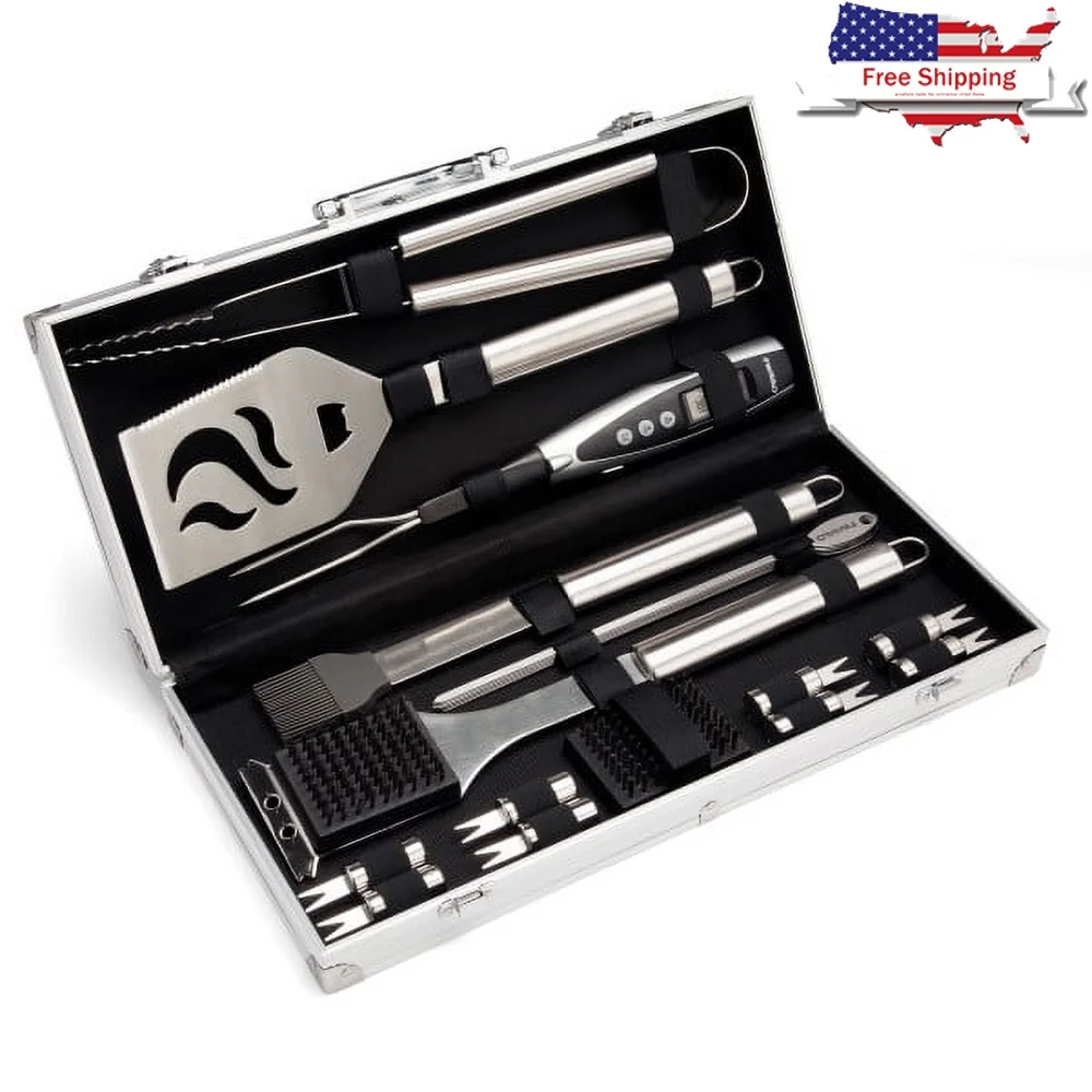 

20-Piece Stainless Steel BBQ Grill Tool Set with Digital Temperature Fork LED Light Aluminum Carrying Case and Cleaning Brush