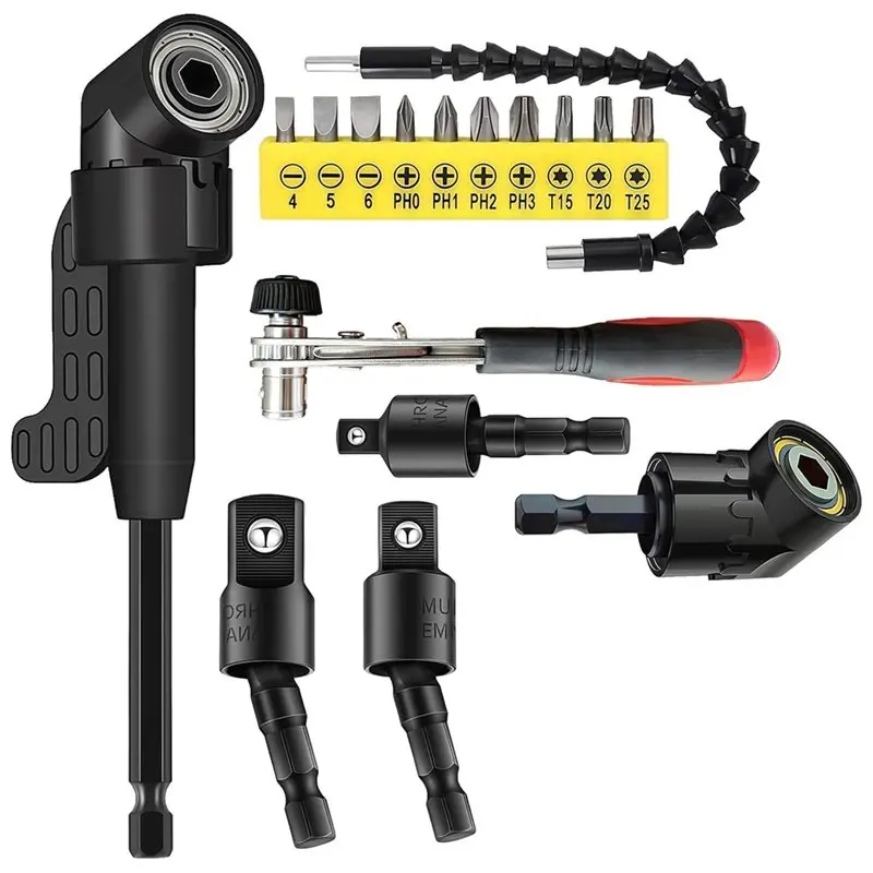 B08B-Right Angle Drill Attachment& Screwdriver Adapter Kit- Flexible Drill Bit Extension(17Pcs) For Tight Spaces