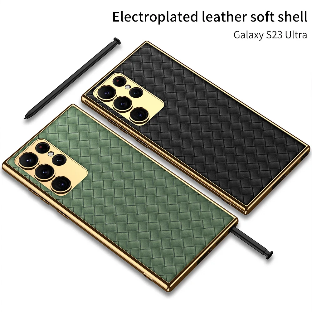 

gold High-end electroplated plain leather phone case for Samsung Galaxy S23 S23 Ultra 23 plus personalized woven leather pattern