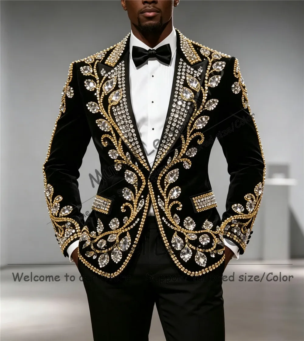 Exquisite Men's Suit For Wedding Diamond Stones Velvet Prom Blazer With Pants 2 Piece Sets Costumes Hommes Customized Man Tuxedo