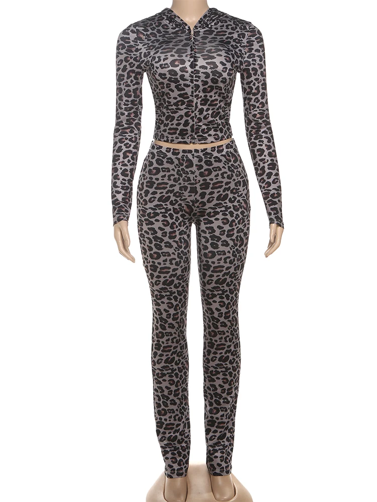 Weird Puss Leopardenmuster 2-teiliges Set Damen-Trainingsanzug mit Reißverschluss, Kapuzenjacke + Leggings, passende Skinny Stretch Street Casual Outfits