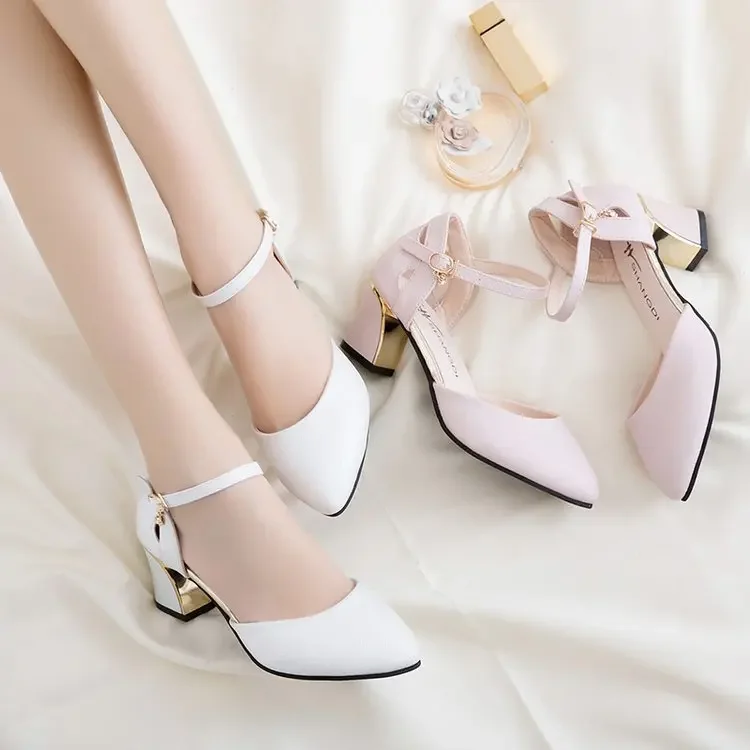 Europe and America Elegant Sweet Pointed Thick with Single Shoes Wild Korean Fashion Small Fresh High Heels Comfort Womens Shoes