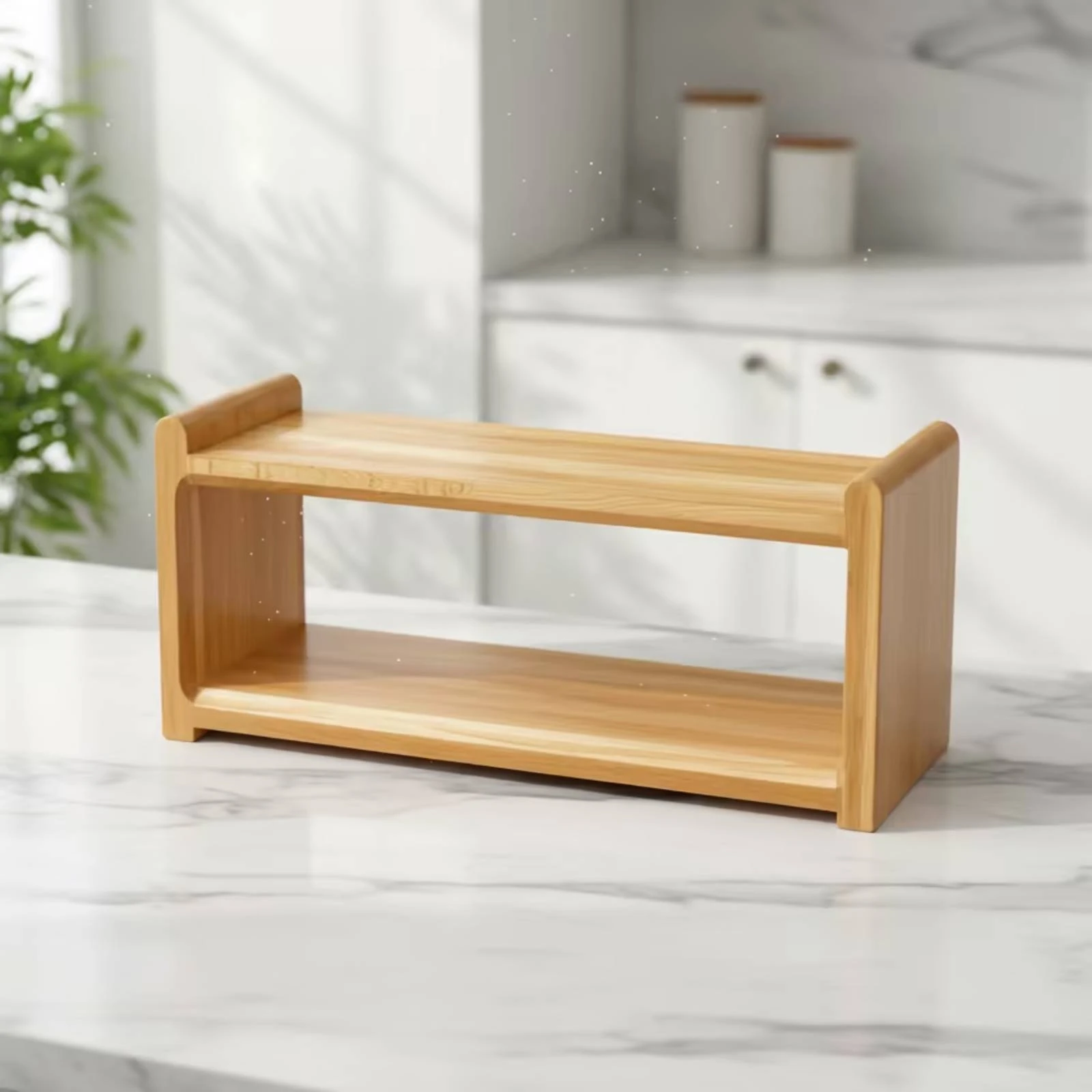 Two-Tier Desk Shelf Stable Wooden Storage Shelf Desktop Organizer Solid Double-Layer Organizer Polished for Countertop, Kitchen