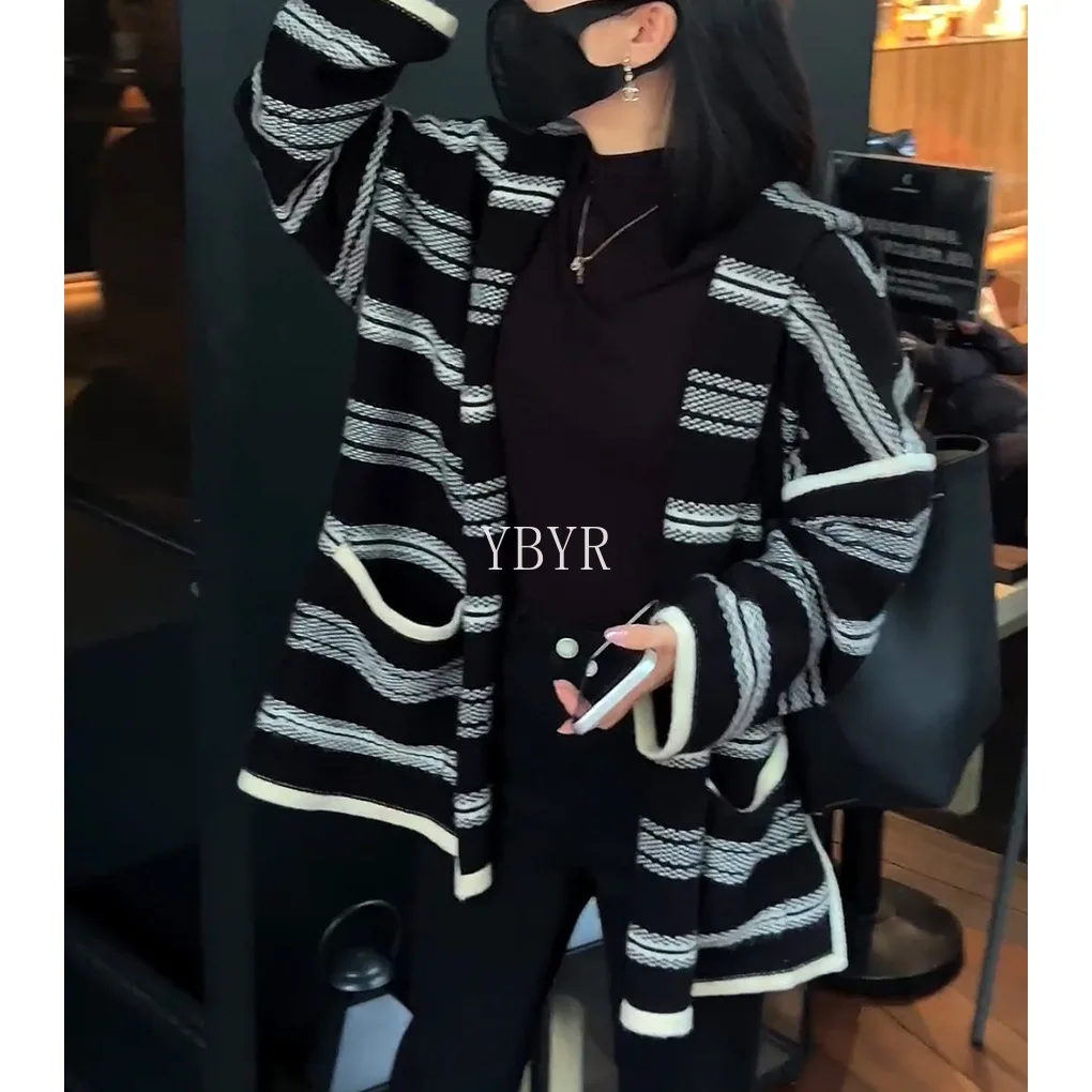 Female Comfortable Striped Long Sleeve Cardigan Women Autumn Winter New Hooded Cozy Long Section Loose Oversized Knit Sweaters