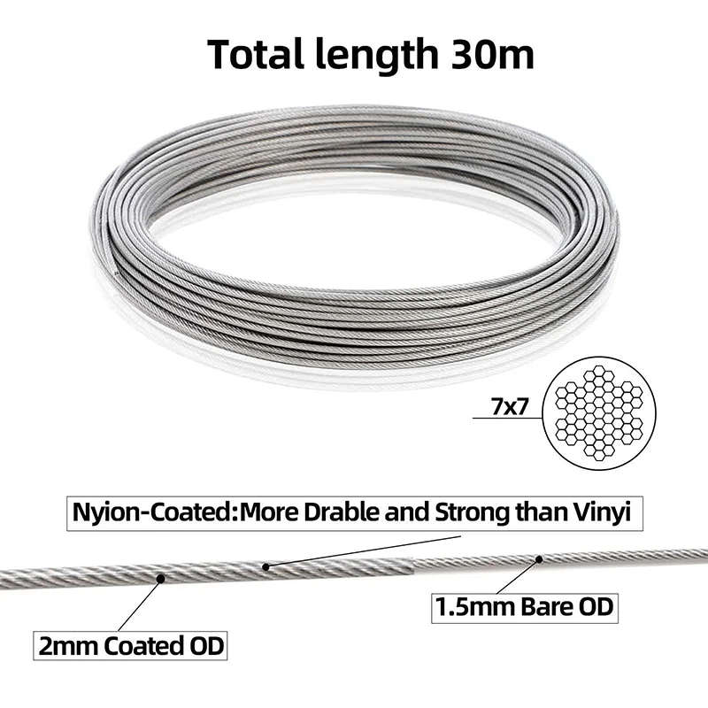 Recinzione da giardino per esterni 6m/10m/20m/30m 2mm fune metallica in acciaio inossidabile cavo rivestito in plastica di Nylon appeso Kit di cuscinetti di carico con Clip a vite