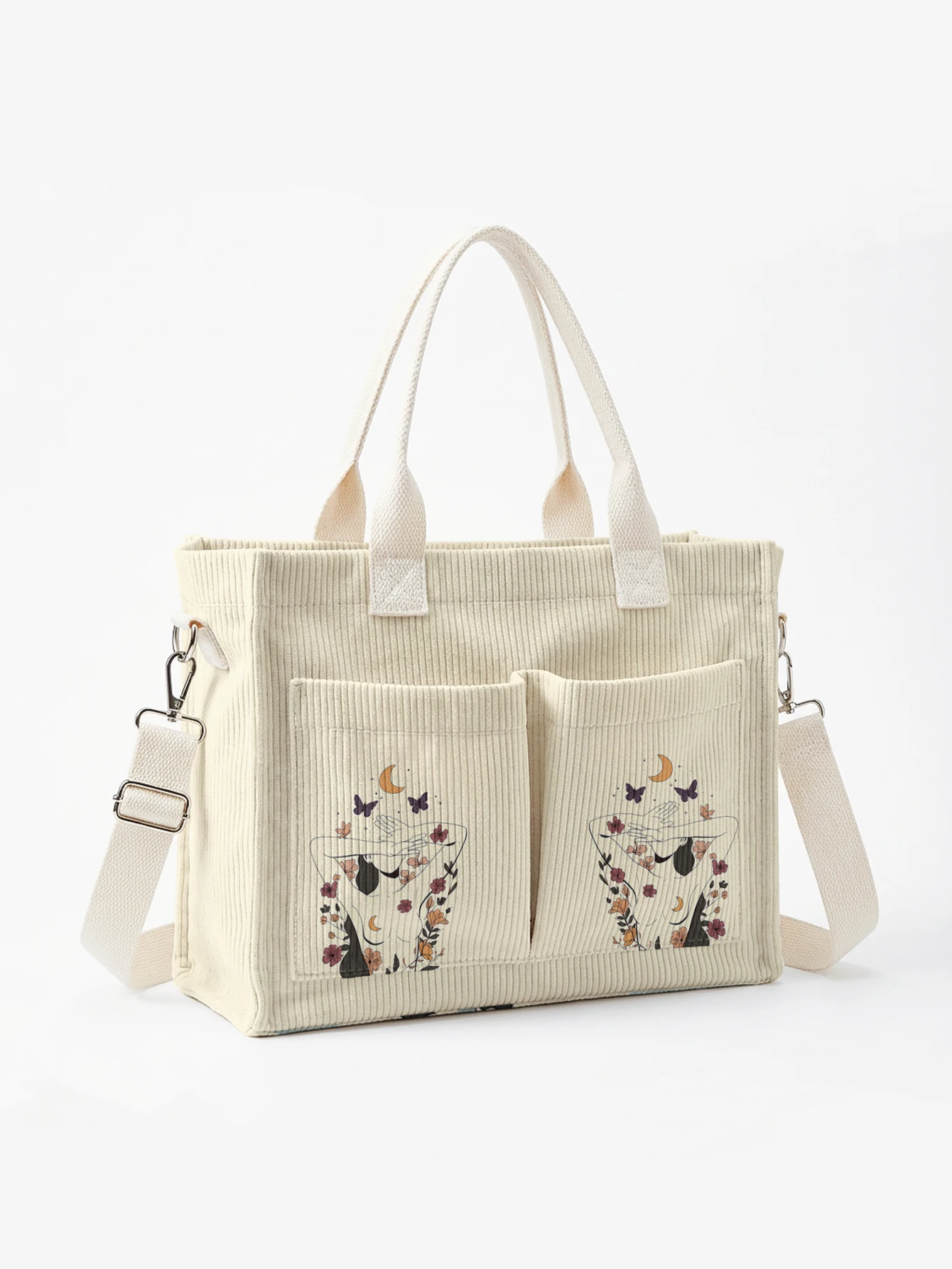 

Mystic Boho Woman Face Moon Butterfly Floral Print Corduroy Tote Bag Large Capacity Multi Pocket Commuter Shoulder Bag