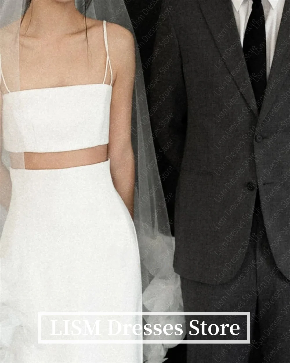 LISM Customized 2 Pieces Korean Wedding Dresses with Veil Spaghetti Straps Wedding Photo Shoot Floor-Length Bridal Gown