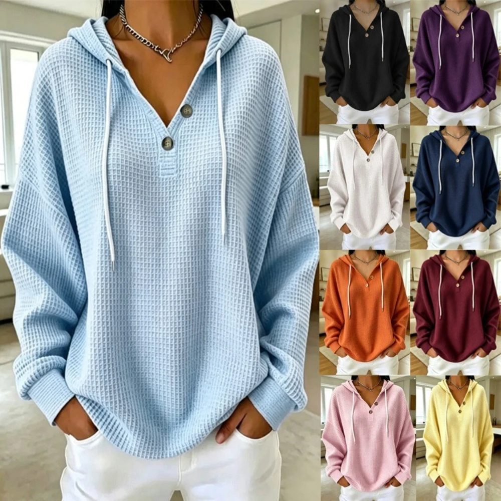Women Waffle Knit Hoodie V Neck Button Drawstring Long Sleeve Loose Pullover Casual Solid Color Hooded Sweatshirt Daily Tops
