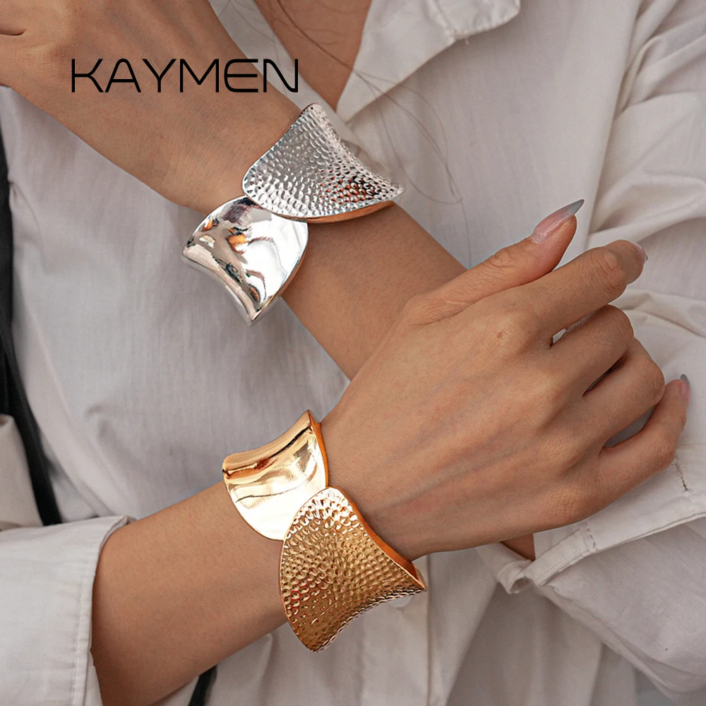 Punk Asymmetric Leaf Wide Open Gold Metal Bangle Fashion Heavy Women Evening Bracelet Jewelry Statement Accessory Party Elegant