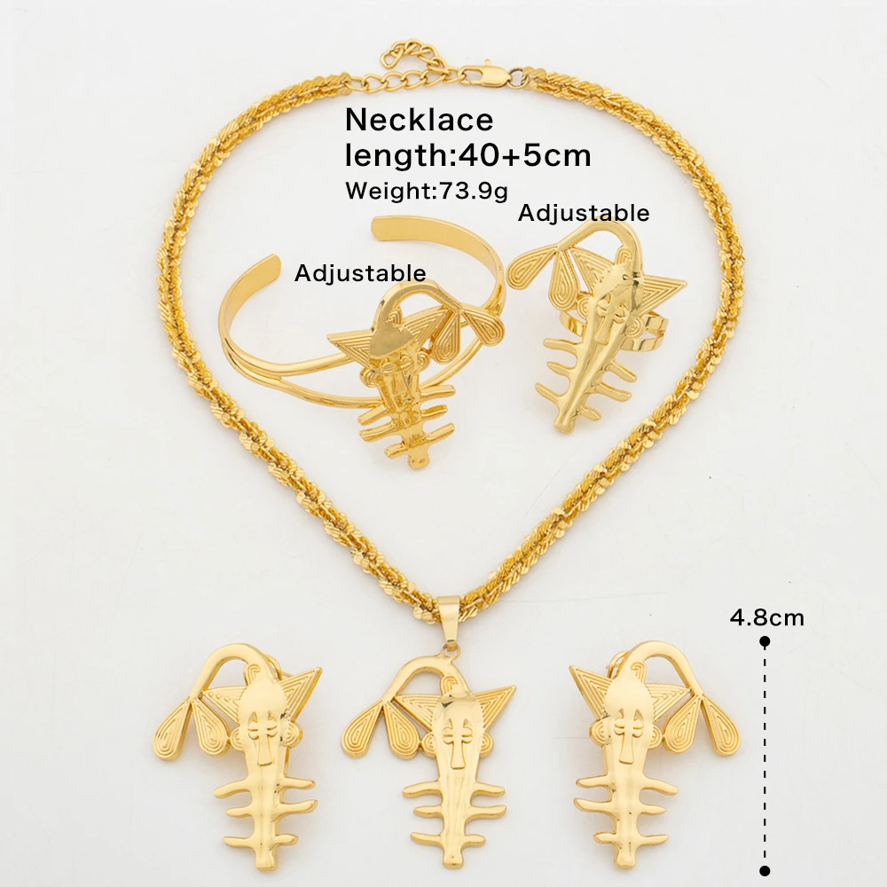 Trend Earrings Pendant 4PCS Jewelry Set for Women  Color Fish Bone Cuff Bangle Ring Wedding Bride Nigerian Accessories