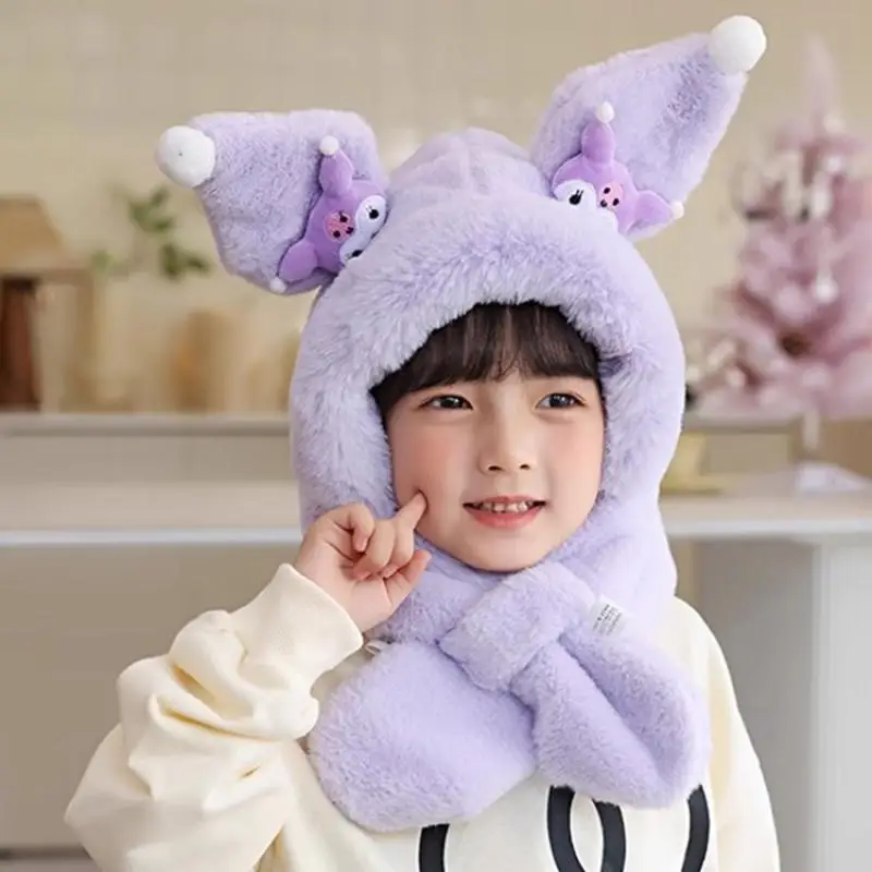 Sanrio chapéu cachecol anime kuromi chapéu e cachecol tudo em uma menina engrossar cachecol presente kawaii bonito criança cachecol de pelúcia chapéu de proteção de orelha