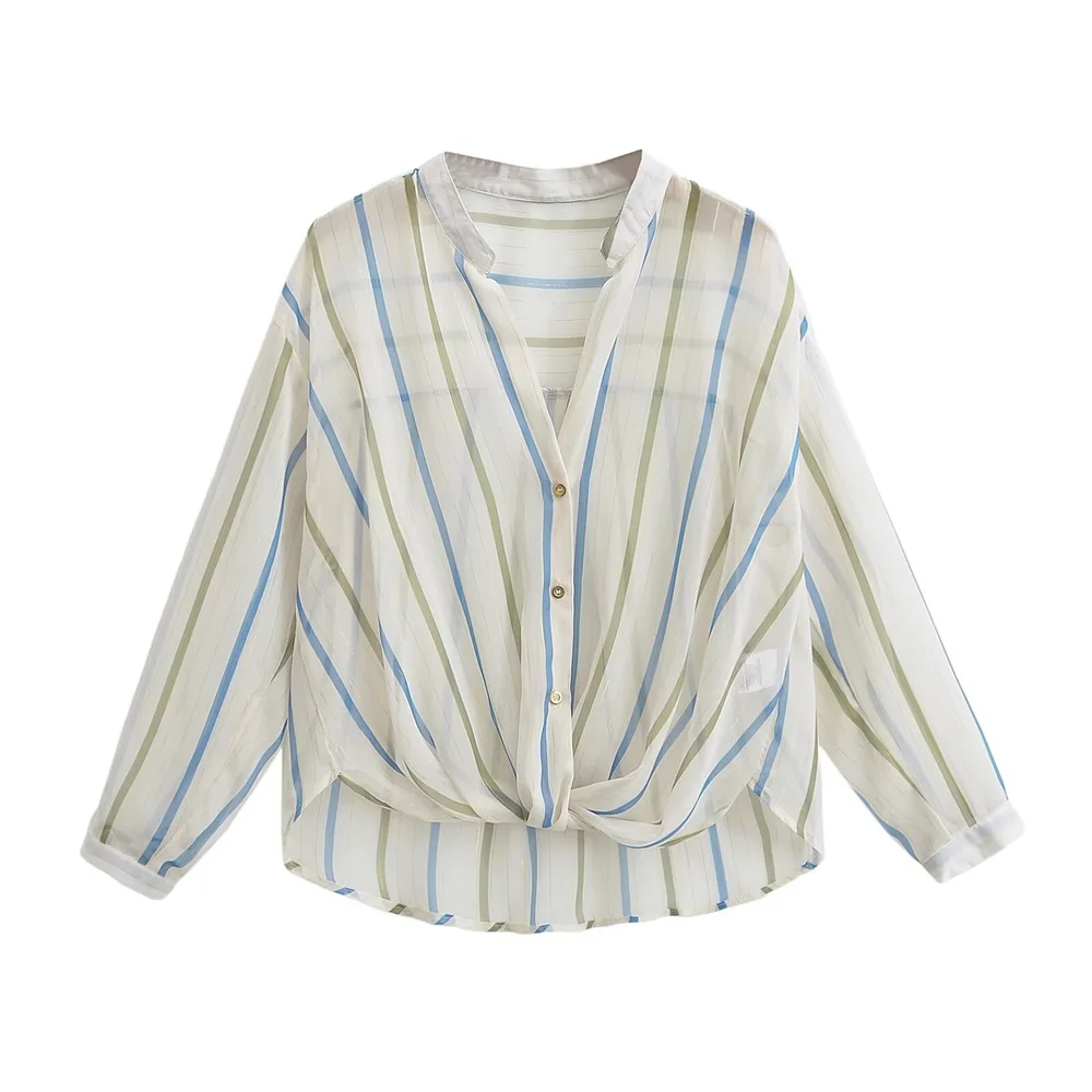 PB&ZA 2024 early autumn new women\'s fashion versatile lapel long-sleeved gold striped loose slim shirt